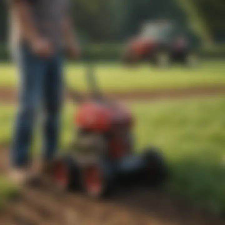 A farmer using a lawn aerator in a field as part of soil management