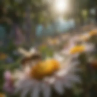 A vibrant garden scene highlighting bees pollinating flowers