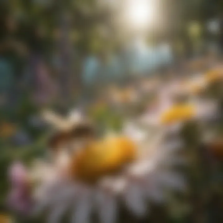 A vibrant garden scene highlighting bees pollinating flowers
