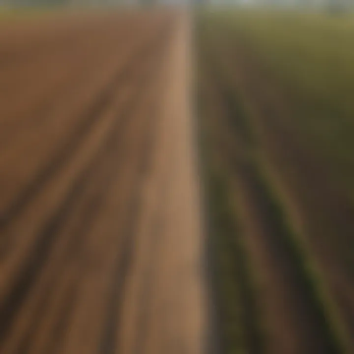 Aerial view of a gravel road winding through agricultural land