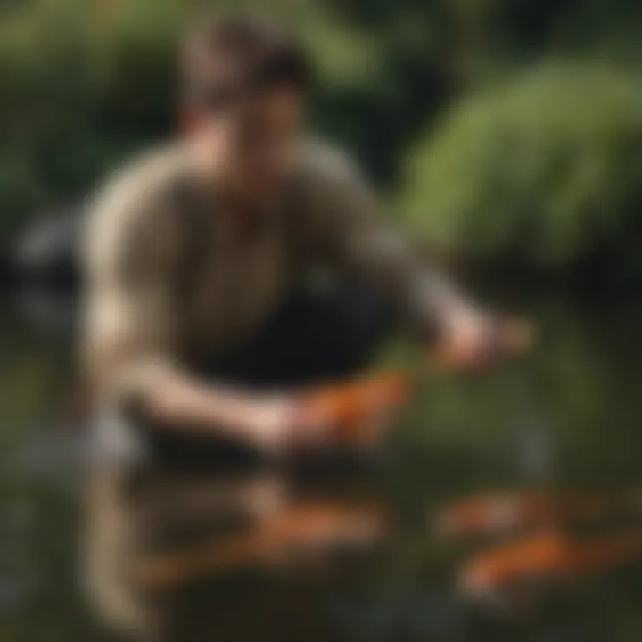 A koi fish enthusiast observing the feeding habits of koi in a pond