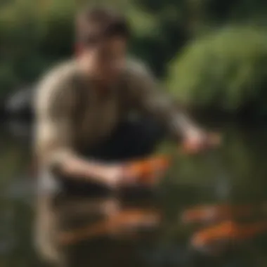 Koi Enthusiast Observing Feeding A koi fish enthusiast observing the feeding habits of koi in a pond