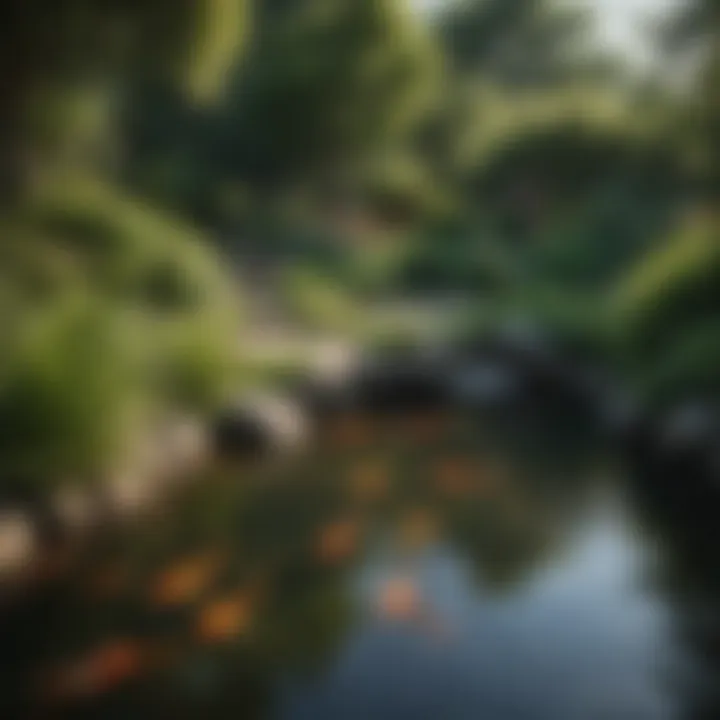 A serene koi pond surrounded by lush greenery, illustrating an ideal koi environment