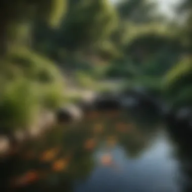 Ideal Koi Pond Environment A serene koi pond surrounded by lush greenery, illustrating an ideal koi environment
