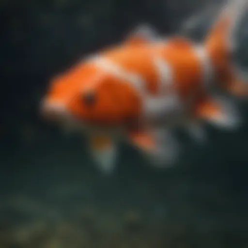 A vibrant koi fish swimming gracefully in clear water, showcasing its colors