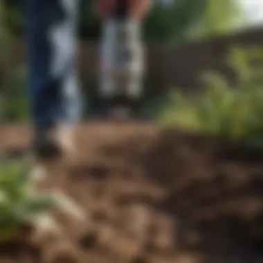 Close-up of soil being tested with a home kit in a garden