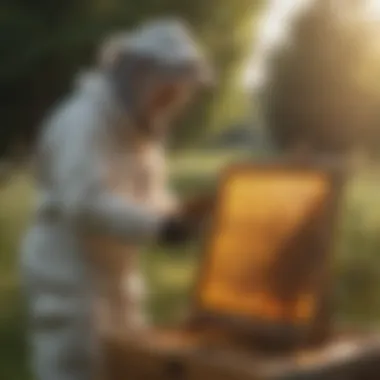 Safeguarding Hives: Beekeeper's Approach Beekeeper inspecting a fenced apiary