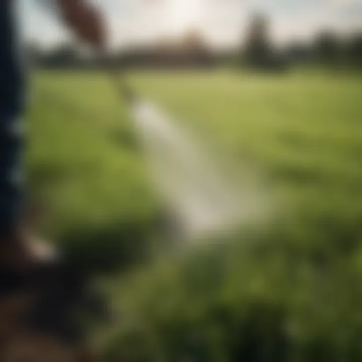 Close-up of fertilizer being spread over Bermuda grass