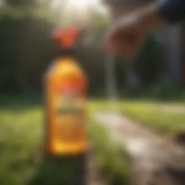 Person applying bug spray in a yard