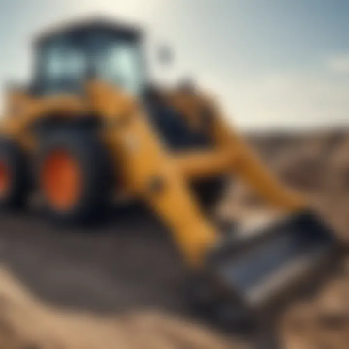 Various attachments for skid steers displayed on a construction site