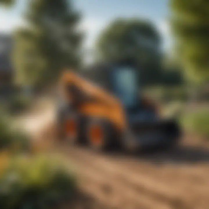 Powerful skid steer maneuvering through a landscaped garden