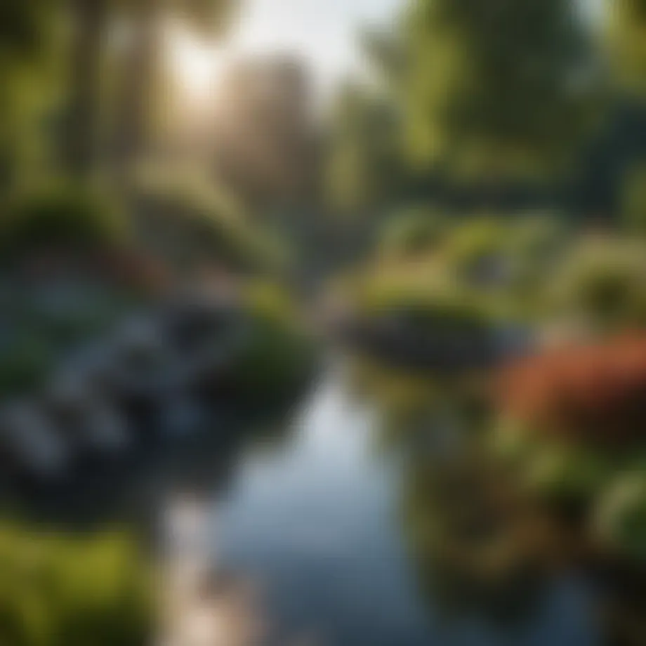 A serene pond integrated within a vibrant garden landscape.