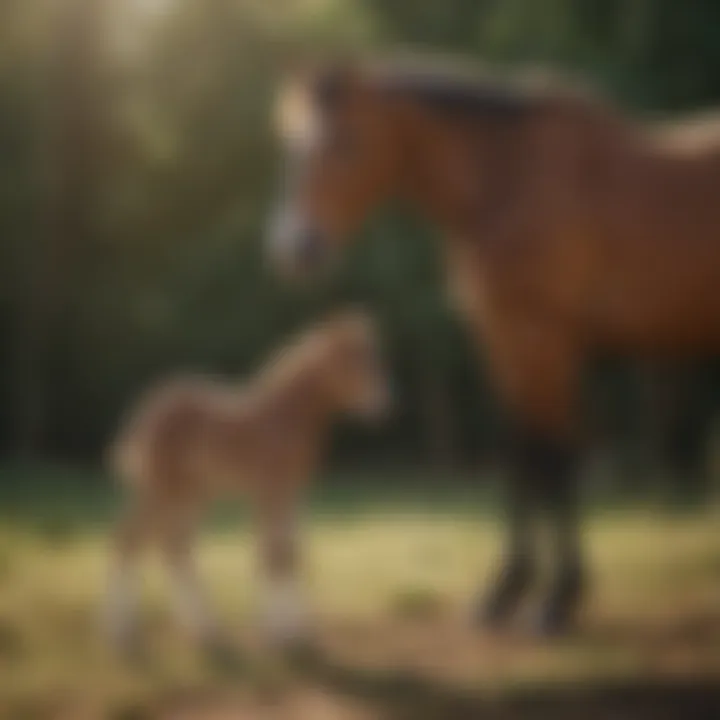 Newborn foal standing beside its vaccinated broodmare