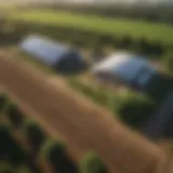 Aerial view of a sustainable farm showcasing renewable energy sources.