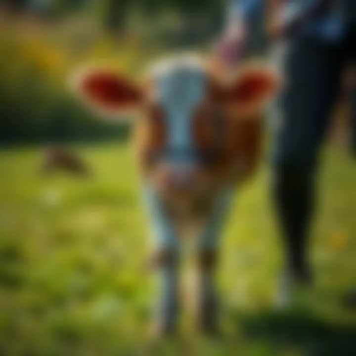 A calf being led with a nylon halter in a pasture setting