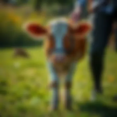 Calf Management with Nylon Halters in Pasture A calf being led with a nylon halter in a pasture setting