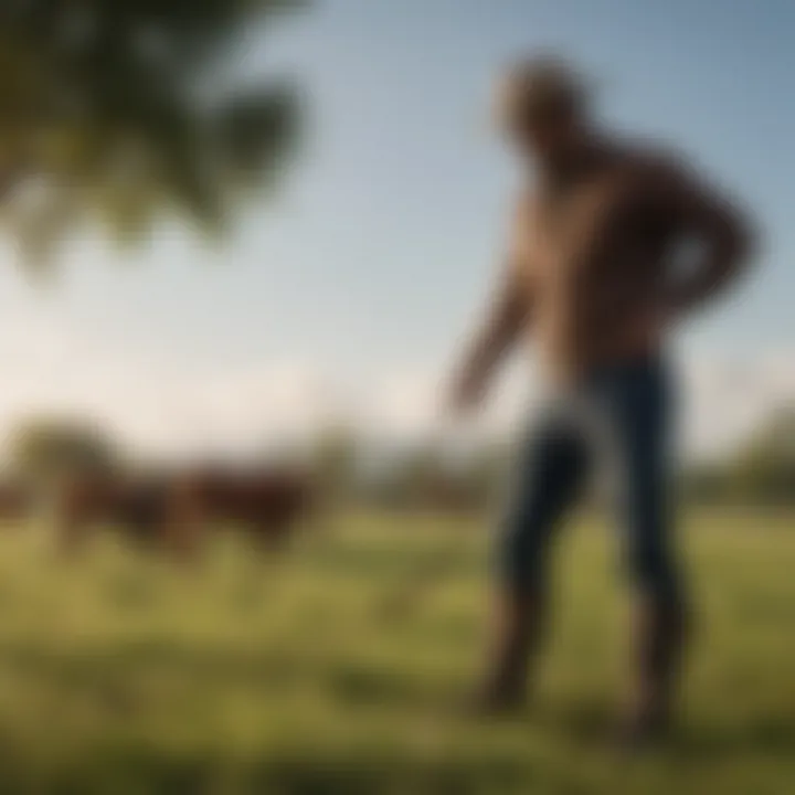 A farmer using a cattle whip in a pasture with cattle in the background