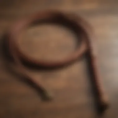 A high-quality leather cattle whip displayed on a rustic wooden table