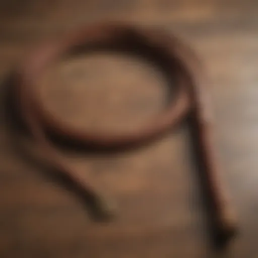 A high-quality leather cattle whip displayed on a rustic wooden table