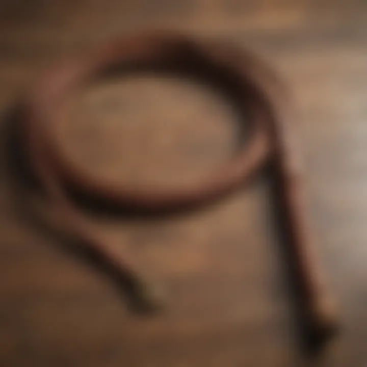 A high-quality leather cattle whip displayed on a rustic wooden table