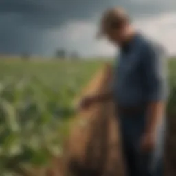 A farmer examining crops under changing weather conditions