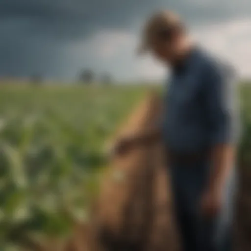 A farmer examining crops under changing weather conditions