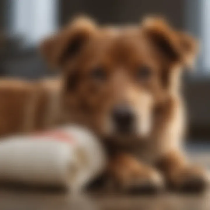 A dog resting comfortably after wound care with a bandage