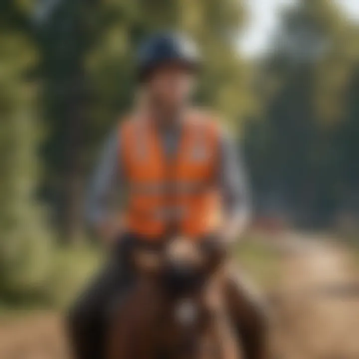 Rider donning a safety vest for jumping