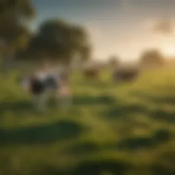 A scenic view of a vast green pasture with cows grazing peacefully.