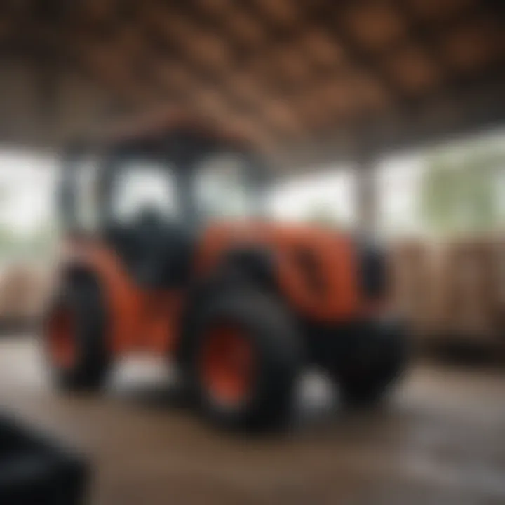 A technician performing maintenance on a farm forklift.