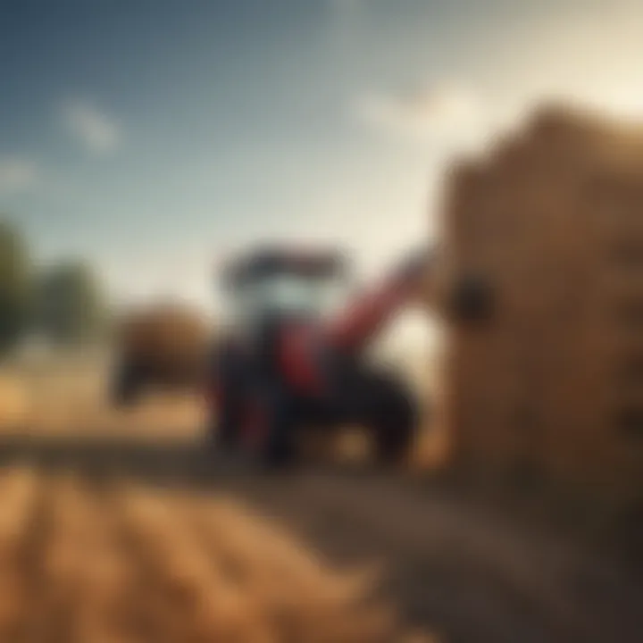 A modern farm forklift in action lifting bales of hay on a farm.