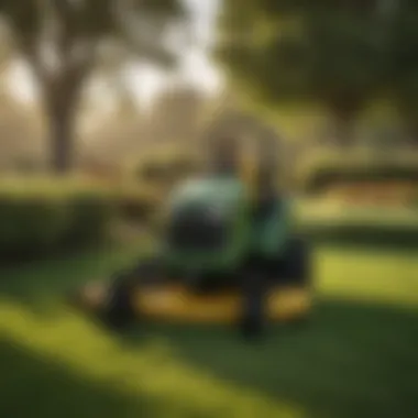 John Deere Mower at Work on a Vibrant Lawn Wide shot of a John Deere riding lawn mower in action on a lush lawn