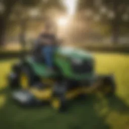 Close-up view of John Deere riding lawn mower with bagger attachment