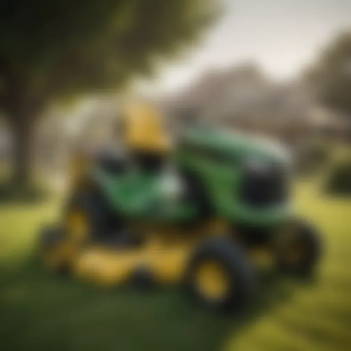 Diagram showcasing features of John Deere riding lawn mower with bagger
