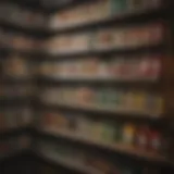 A close-up view of various agricultural chemicals organized on a shelf