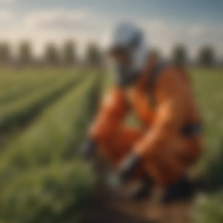 An agricultural practitioner applying chemicals with protective gear in the field