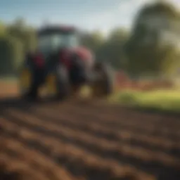 An array of tractor implements displayed in a field