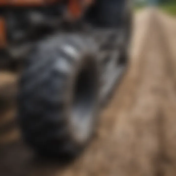 Close-up of rubber tractor tracks demonstrating construction quality.