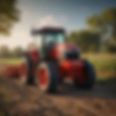 An agricultural tractor showcasing specifications like horsepower and attachments, suitable for various farming tasks.