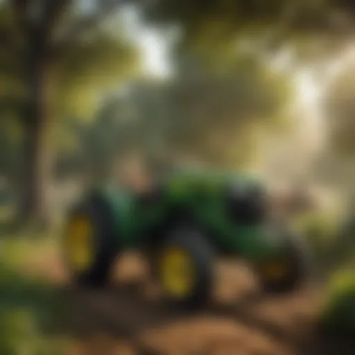 John Deere compact tractor in a lush farm setting