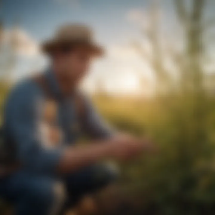 A farmer examining plants in a sustainable agricultural setting