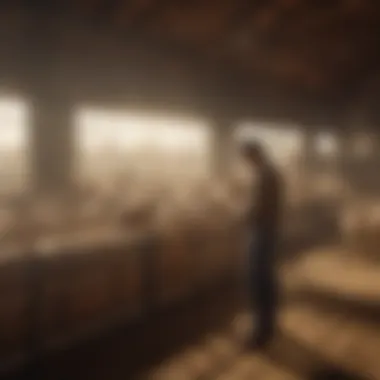 A farmer applying a chemical fly repellent in a goat barn, showcasing safe application techniques.