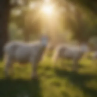 Goats Grazing in a Fly-Managed Environment A lush green pasture with goats grazing peacefully, emphasizing the need for effective fly management.