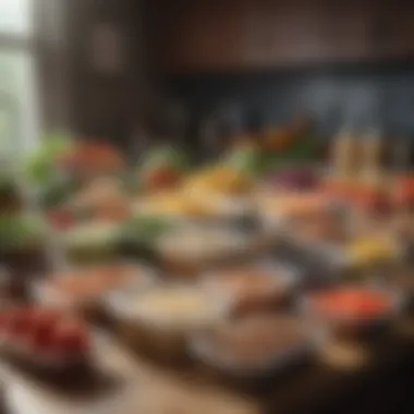 Meal Prep Essentials for Nutritional Balance An organized meal prep station with various food group ingredients ready for assembly.