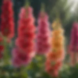 A vibrant assortment of hollyhock flowers in full bloom