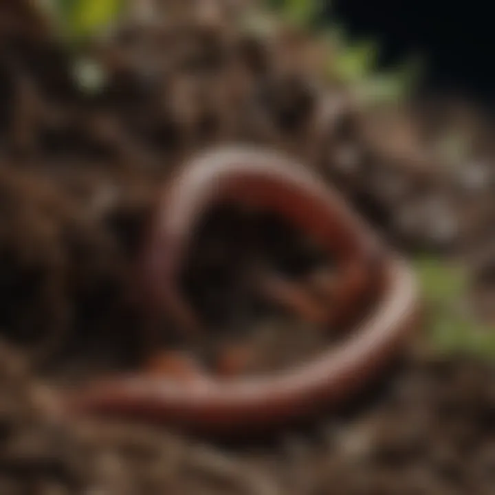 Close-up of earthworms thriving in nutrient-rich compost