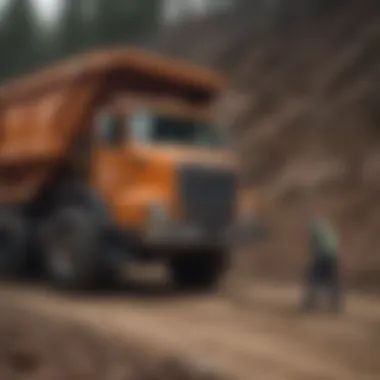 Pre-Shift Inspection of a Dump Truck A driver inspecting a dump truck before a shift