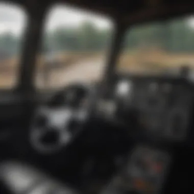 Inside the Cab of a Dump Truck A detailed view of a dump truck's interior controls