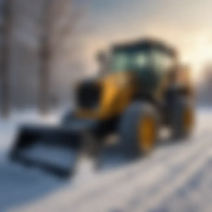 Front end loader equipped with a snow plow clearing a path