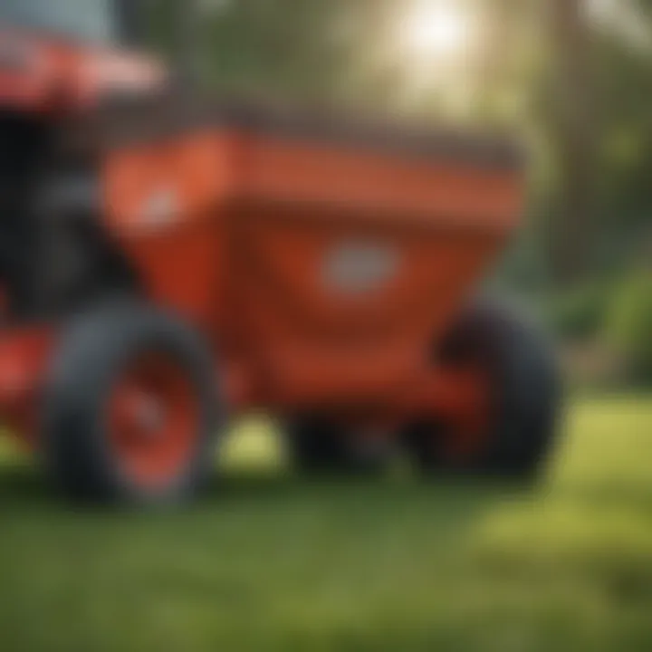 Close-up of a seed spreader in use on a lawn